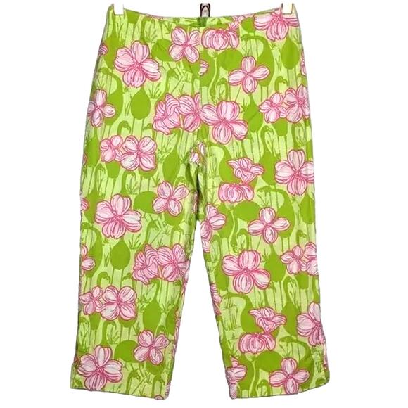 Lilly Pulitzer Floral Cropped Pants 8 Pink Green Preppy Coastal Beach Resort - Picture 2 of 7